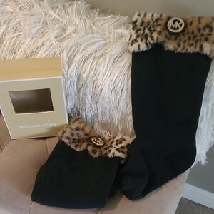 Michael Kors Black Knee Boots with Leopard Faux Fur Cuff and Logo